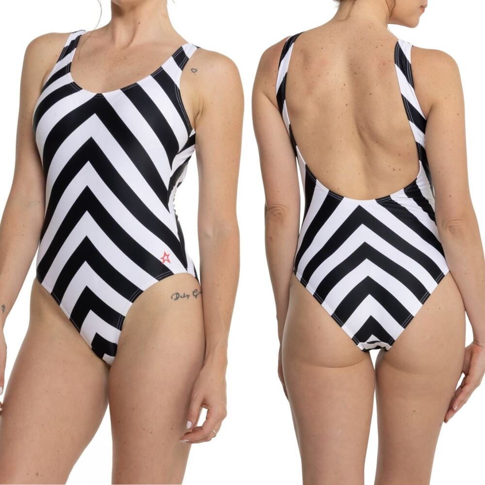 Perfect Moment Soleil One Piece Swimsuit NEW Navy Blue Snow White Chevron M